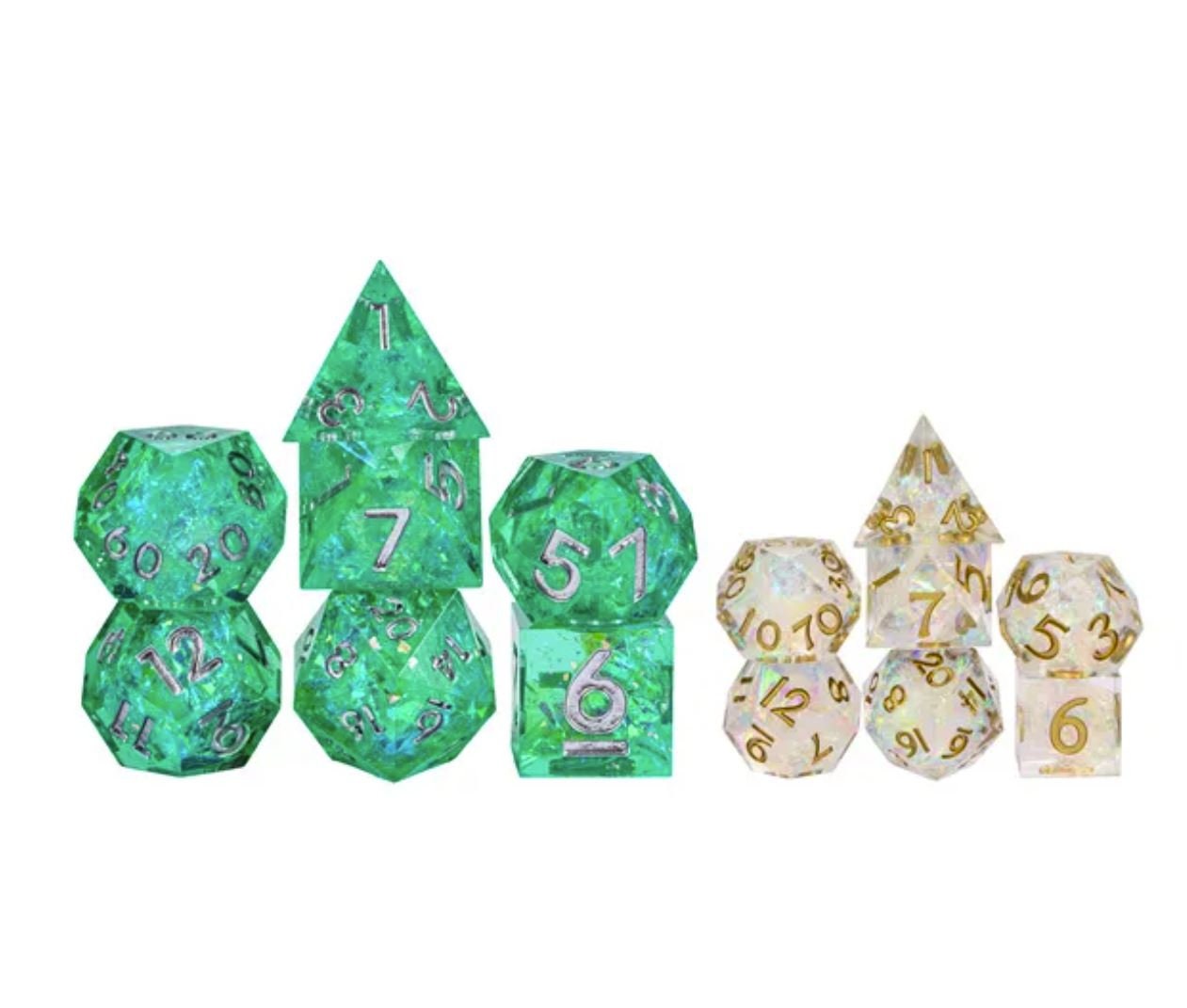 Minute Meteors - MINI Sharp Edge Dice Set! New style Prismatic Tiny Dice- Iridescent Foil and Gold Inked Numbers- DnD, TTRPGs, Pathfinder
