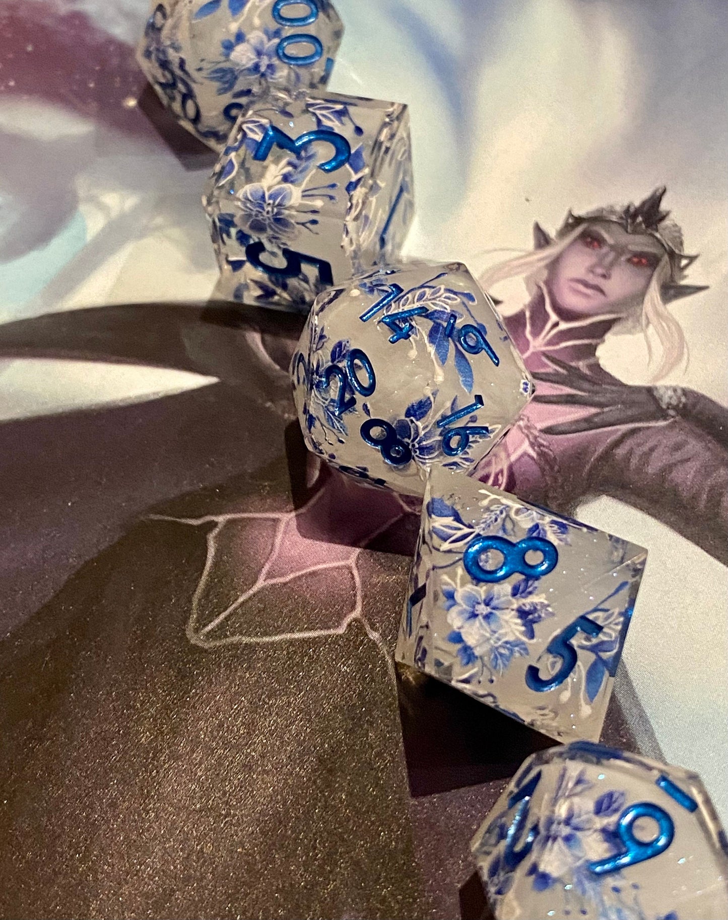 Regency: Moonlight- Elegant Vintage Floral Dice Set- Cloudy Shimmer With Flowers-Blue Ink Numbers-RPG Dice, Dungeons & Dragons, Pathfinder