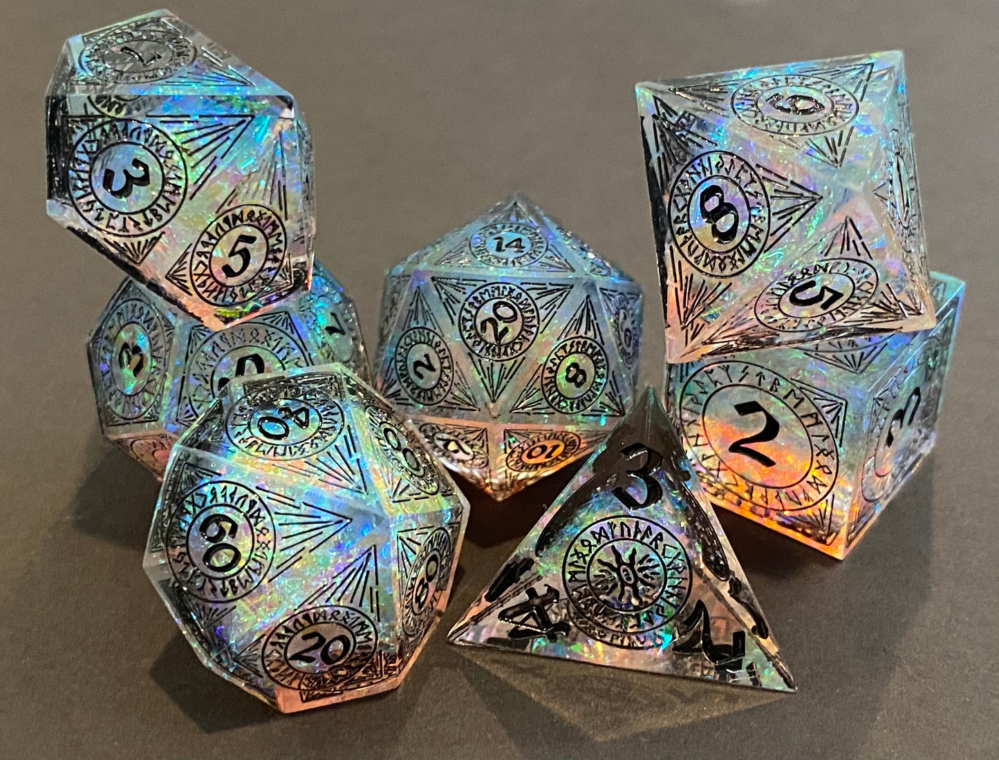 Magic Circle: Shadows- Dark/Sparkling Prismatic Runes 7 Piece Sharp Edge Dice Set- Delicate Patterns On Each Face- Leather Case- DnD, RPGs