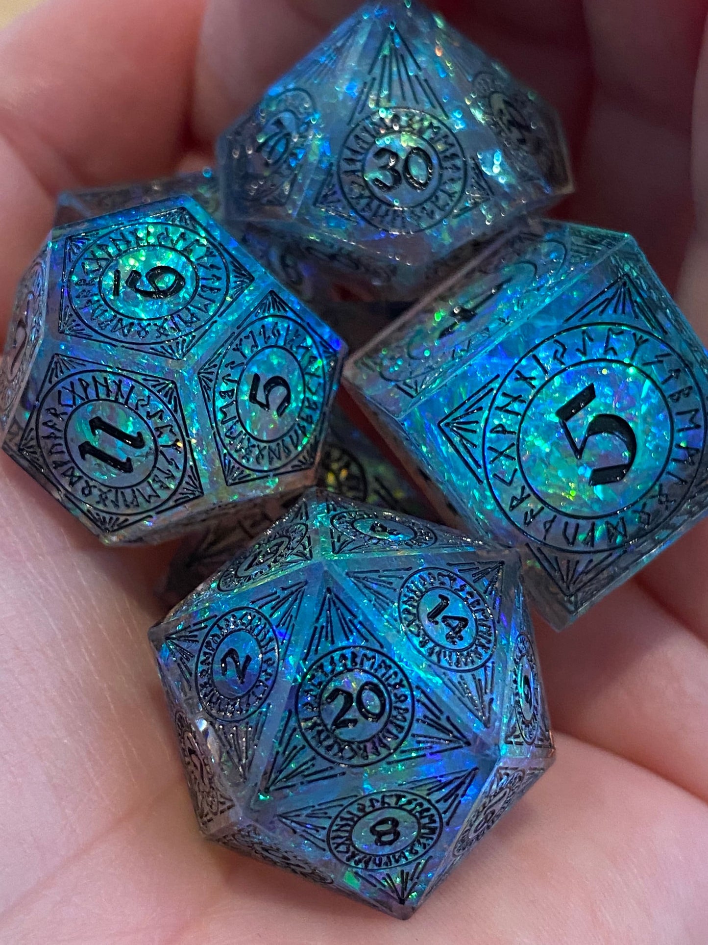 Magic Circle: Shadows- Dark/Sparkling Prismatic Runes 7 Piece Sharp Edge Dice Set- Delicate Patterns On Each Face- Leather Case- DnD, RPGs
