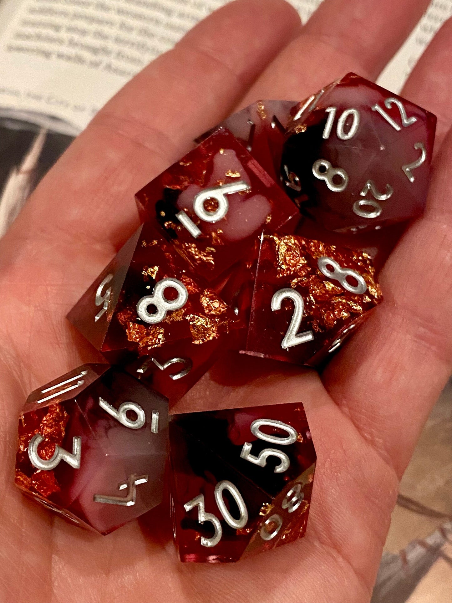 Control Flame - Cosmic Swirled Red/Gray/Cloudy Sharp Edge Dice Set- Gold Flake Inclusions-Silver Ink- DnD, Pathfinder, TTRPGs
