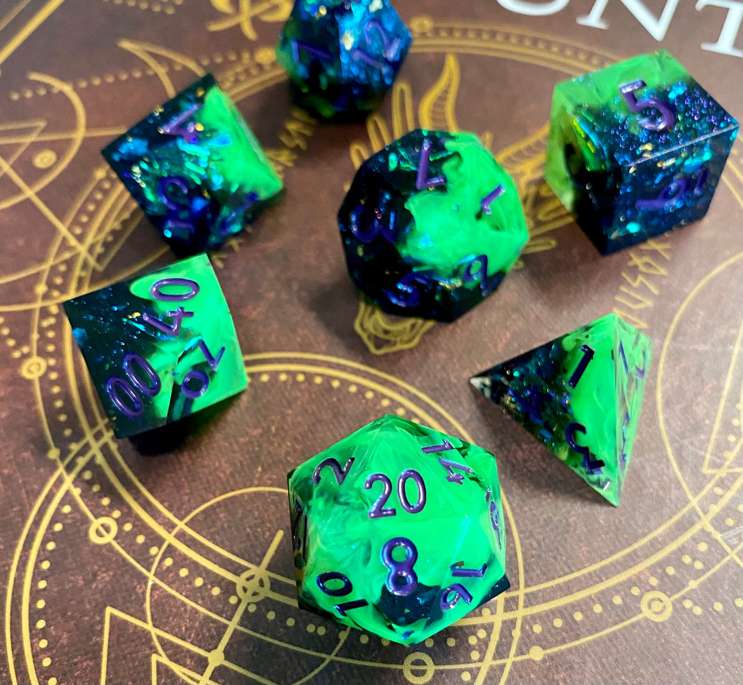 Witch Bolt -Cosmic Swirled Electric Green Swirl/Black Sharp Edge Dice Set- Vibrant Blue/Green Glitter Inclusions-Violet Ink- DnD, TTRPGs