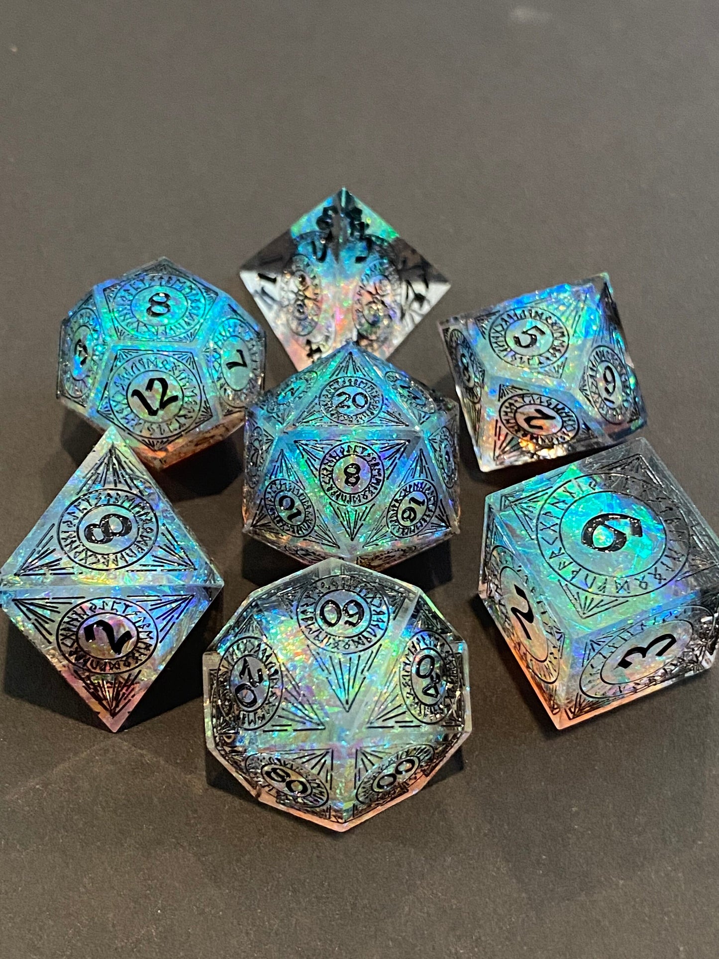 Magic Circle: Shadows- Dark/Sparkling Prismatic Runes 7 Piece Sharp Edge Dice Set- Delicate Patterns On Each Face- Leather Case- DnD, RPGs