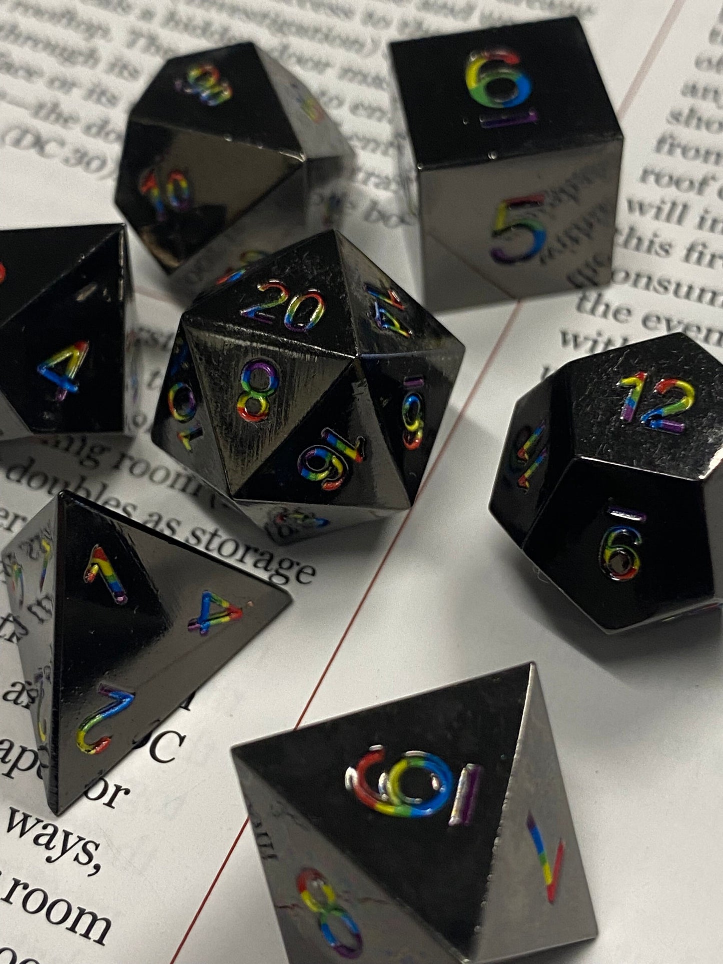 Mithril: Prism - Solid Metal Dark Sharp Edge 7 Piece Sharp Edge Dice Set - Rainbow Inked Numbers- DnD, TTRPGs, Pathfinder, RPG Dice