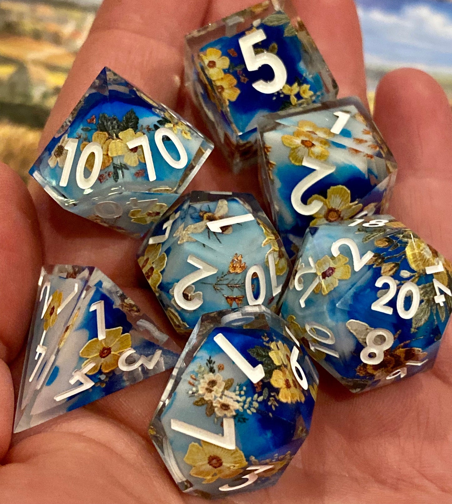 Regency: Bountiful- Elegant Vintage Floral Dice Set-Clear w/ Floral and Honeybee Inset-White Ink -RPG Dice, Dungeons & Dragons, Pathfinder