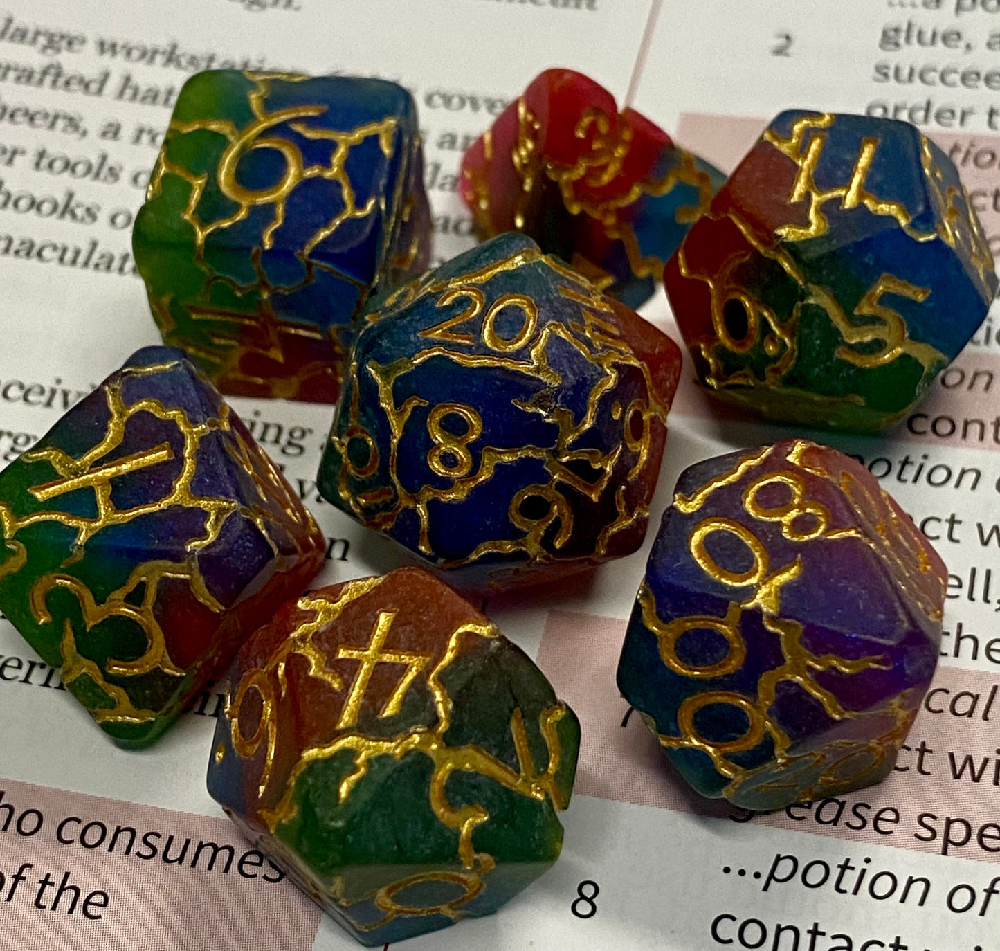 Counterspell- Matte Finish 'Crackling' Red/Blue/Green Dice Set- Multi-Blended Colors W/ Gold Patterns- Gold Ink DnD, Pathfinder, RPGs