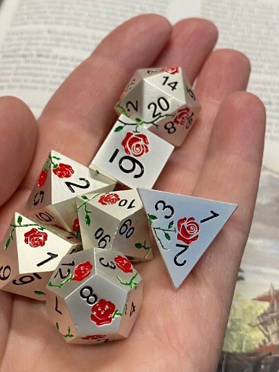 Mithril: Briar Rose - Solid Metal Floral Pattern 7 Piece Sharp Edge Dice Set - Silver With Red Rose and Vines- DnD, TTRPGs, Pathfinder, RPGs