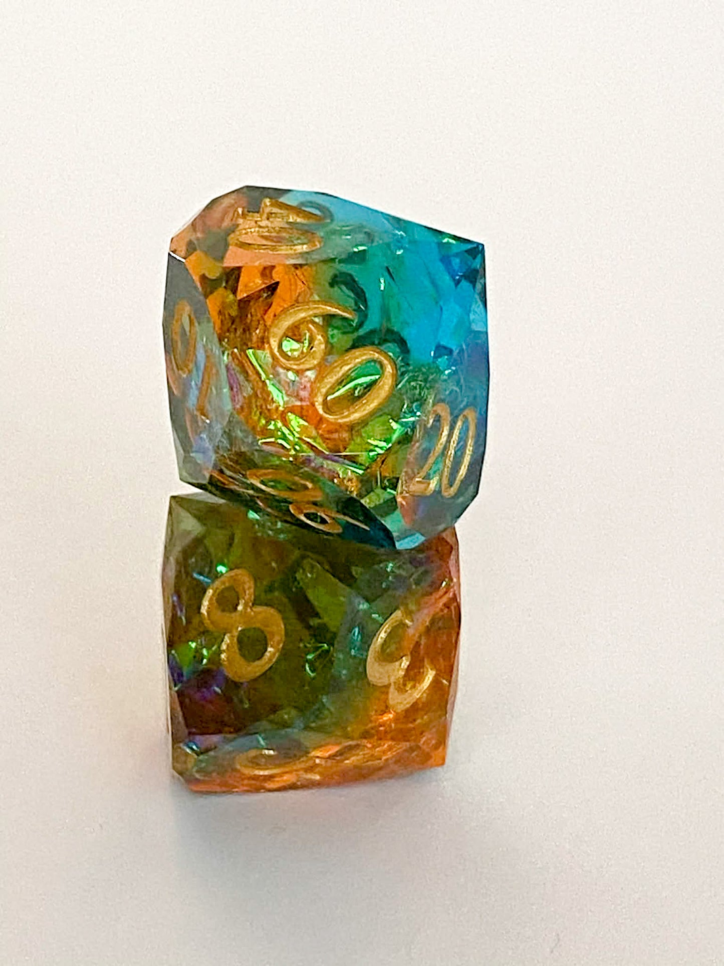 Arcane Radiance - Sharp Edge Gem-Cut RPG Resin Dice Set – Amber and Teal- 7 Piece Polyhedral Dice