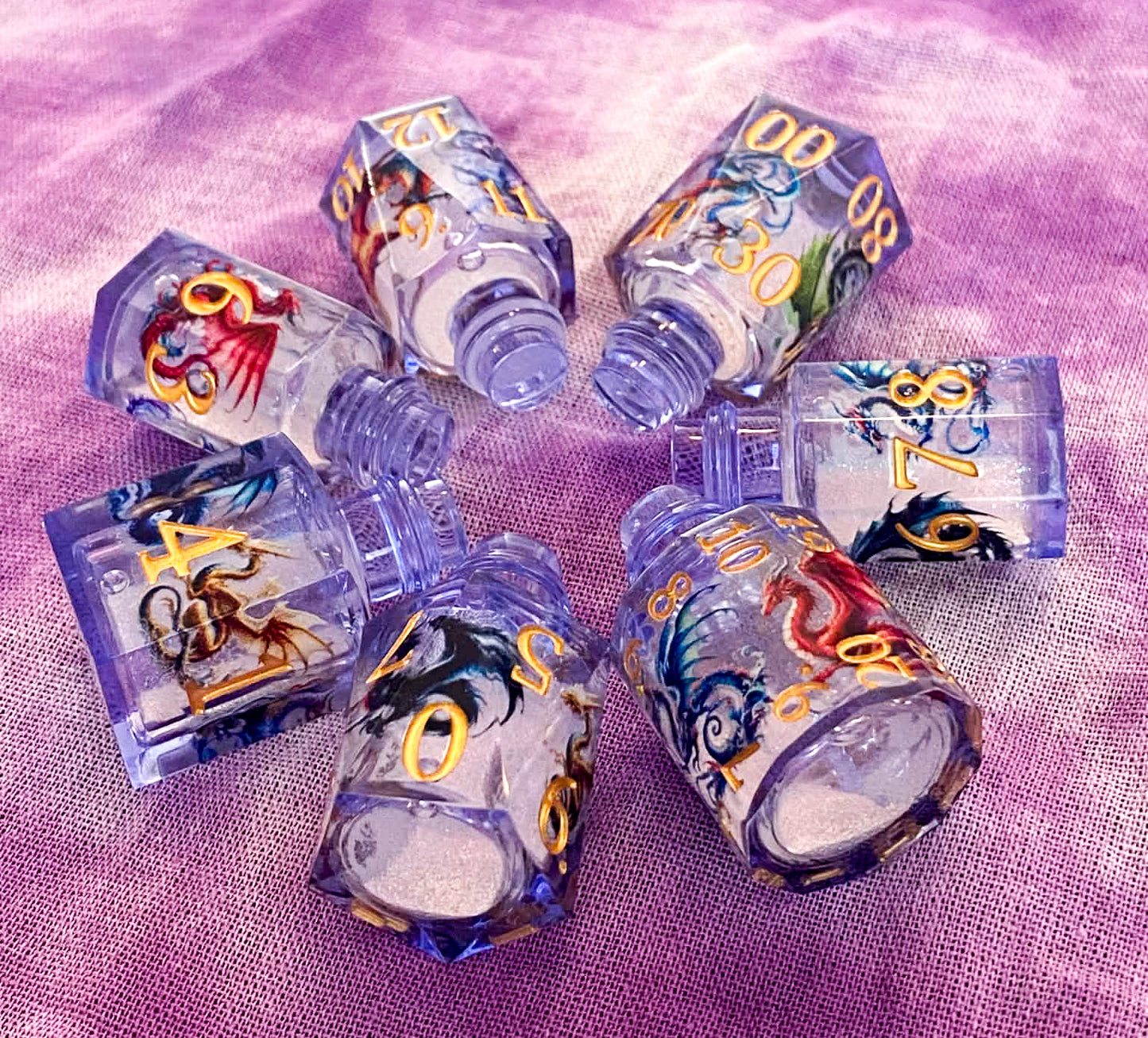 Dragon's Bane - Glitter Flowing Core Potion Bottles 7 Piece Dice Set - DnD Dice, Dungeons and Dragons, TTRPGs