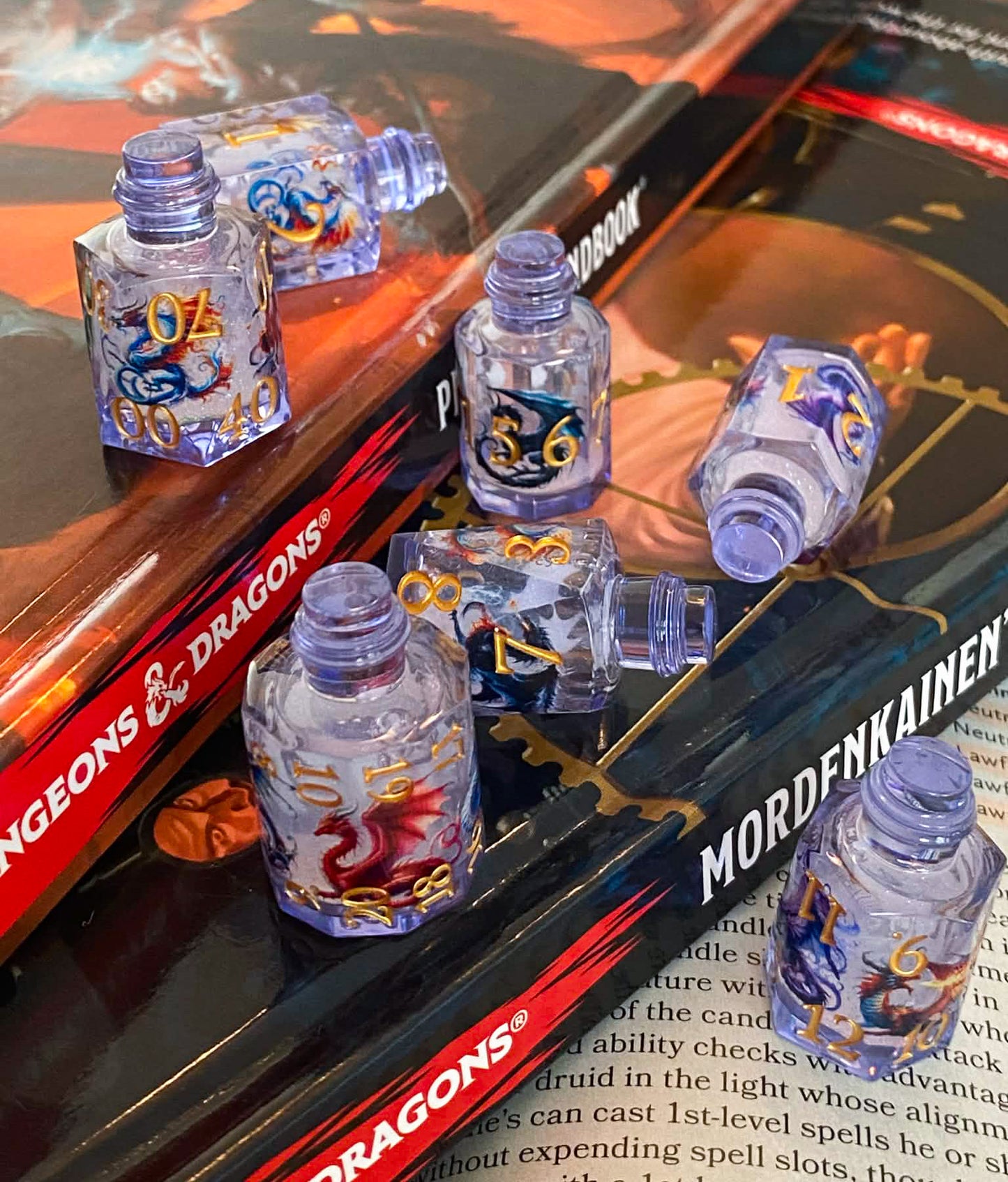 Dragon's Bane - Glitter Flowing Core Potion Bottles 7 Piece Dice Set - DnD Dice, Dungeons and Dragons, TTRPGs