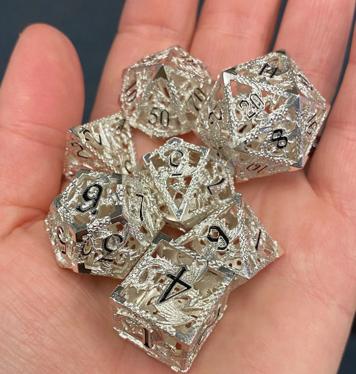 Dragonborn - Finely Crafted Delicate Hollow Metal Dragon Dice Set - Sharp Captivating Edges - Multiple Color Options- Dungeons and Dragons, Pathfinder