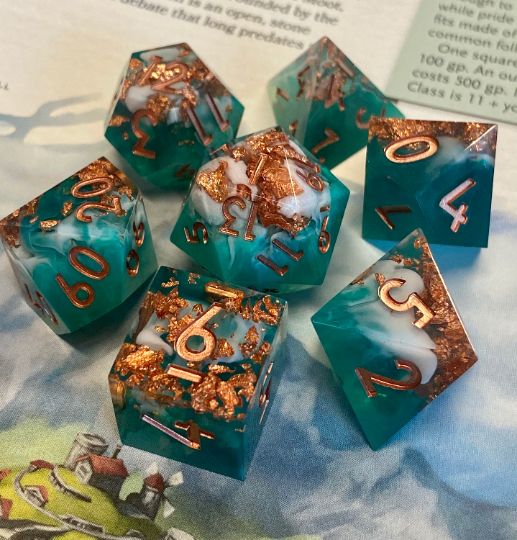 Elysium - Cosmic Swirled Emerald Jade/Cloudy White Sharp Edge Dice Set- Vibrant Copper Flake Inclusions-Copper Ink- Dungeons and Dragons, Pathfinder