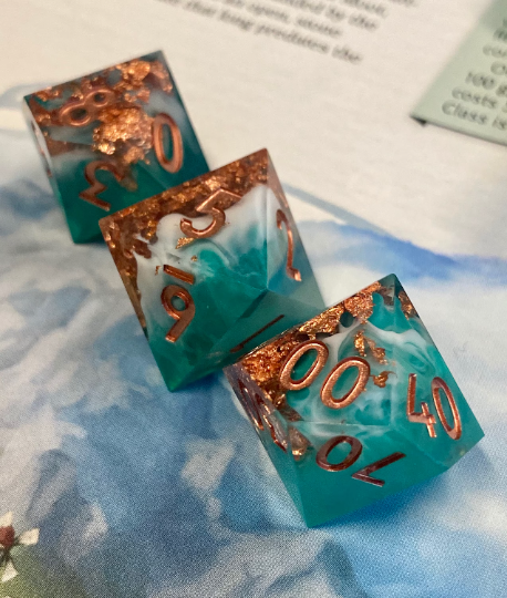 Elysium - Cosmic Swirled Emerald Jade/Cloudy White Sharp Edge Dice Set- Vibrant Copper Flake Inclusions-Copper Ink- Dungeons and Dragons, Pathfinder