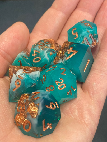 Elysium - Cosmic Swirled Emerald Jade/Cloudy White Sharp Edge Dice Set- Vibrant Copper Flake Inclusions-Copper Ink- Dungeons and Dragons, Pathfinder