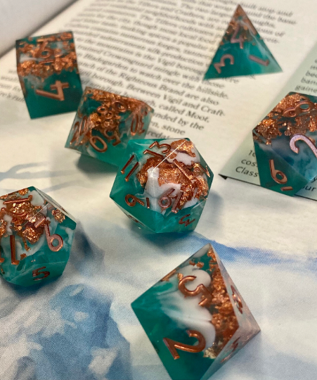 Elysium - Cosmic Swirled Emerald Jade/Cloudy White Sharp Edge Dice Set- Vibrant Copper Flake Inclusions-Copper Ink- Dungeons and Dragons, Pathfinder