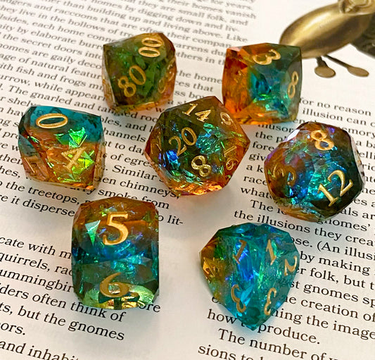 Arcane Radiance - Sharp Edge Gem-Cut RPG Resin Dice Set – Amber and Teal- 7 Piece Polyhedral Dice