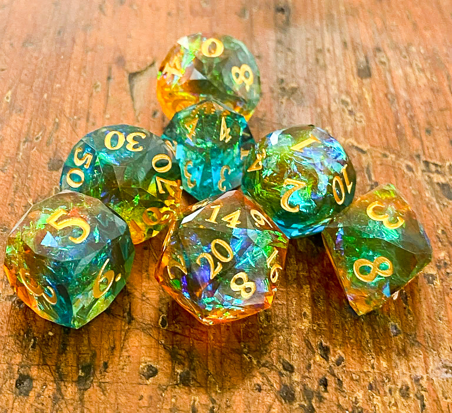 Arcane Radiance - Sharp Edge Gem-Cut RPG Resin Dice Set – Amber and Teal- 7 Piece Polyhedral Dice