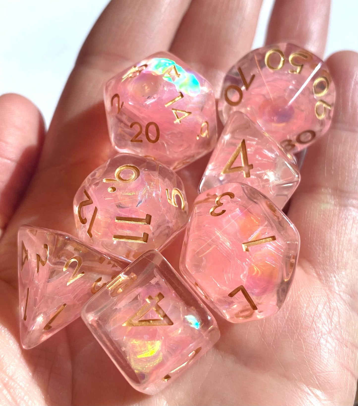 Levitate - Clear Resin 7 Piece Dice Set - Iridescent And Shining Pink Flakes Throughout - Gold Ink - Dungeons and Dragons, TTRPGs