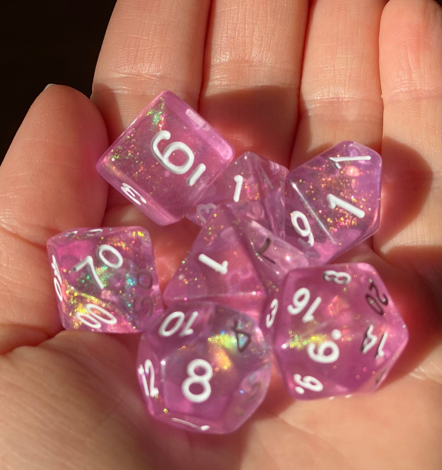 Dawn - Bright shimmering pink dice set - full 7pc set - Glitter Dust Throughout - White Ink - D&D, TTRPGs