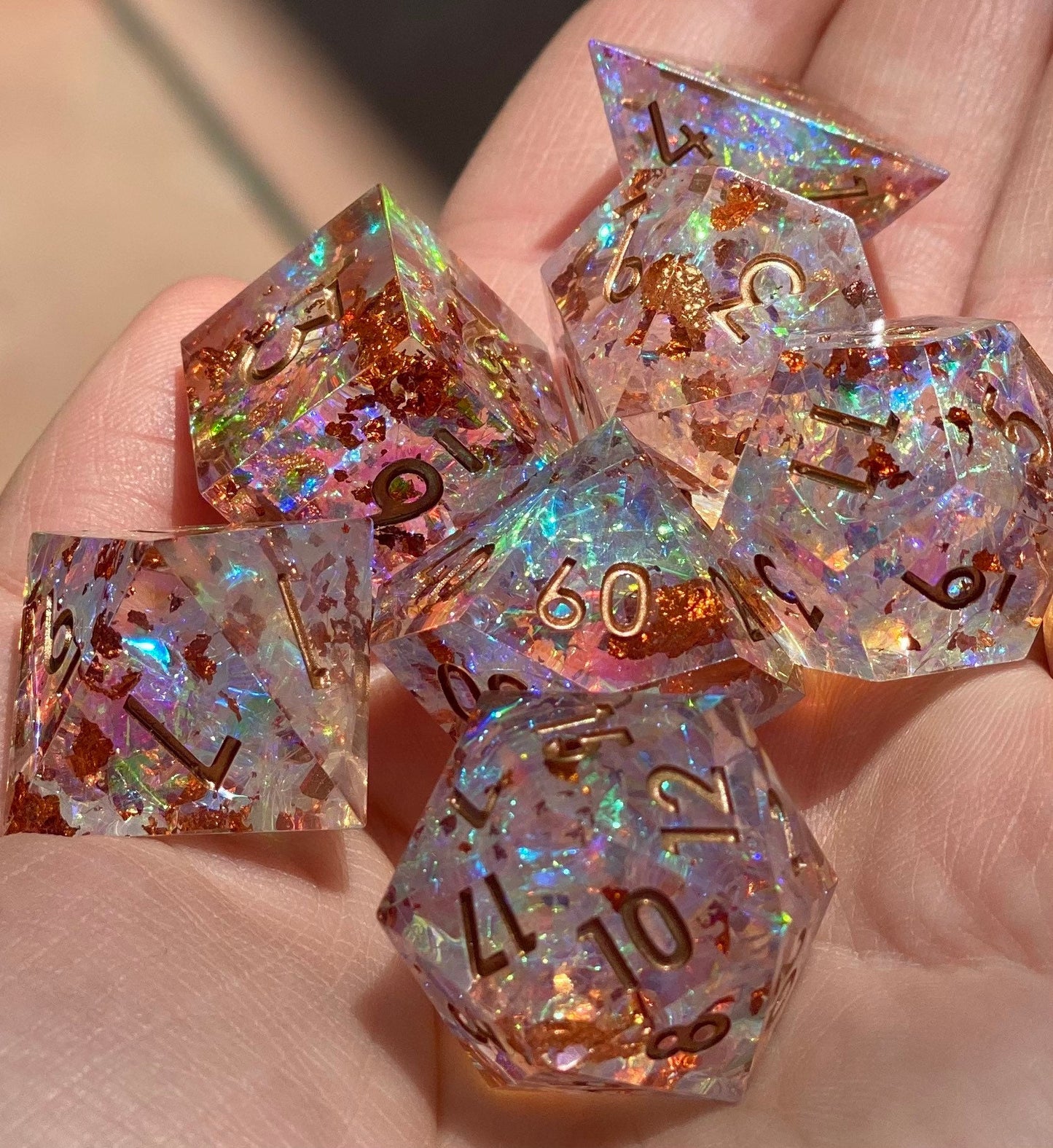Divine Smite - Dazzlingly Prismatic Translucent Full 7 Piece Dice Set with Copper Foil and Bronze Numbering - Dungeons and Dragons, TTRPGs