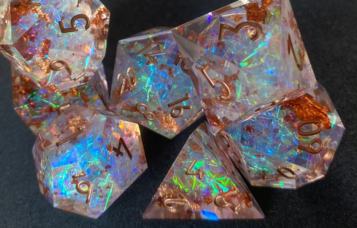 Divine Smite - Dazzlingly Prismatic Translucent Full 7 Piece Dice Set with Copper Foil and Bronze Numbering - Dungeons and Dragons, TTRPGs