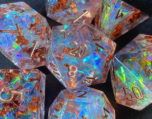 Divine Smite - Dazzlingly Prismatic Translucent Full 7 Piece Dice Set with Copper Foil and Bronze Numbering - Dungeons and Dragons, TTRPGs