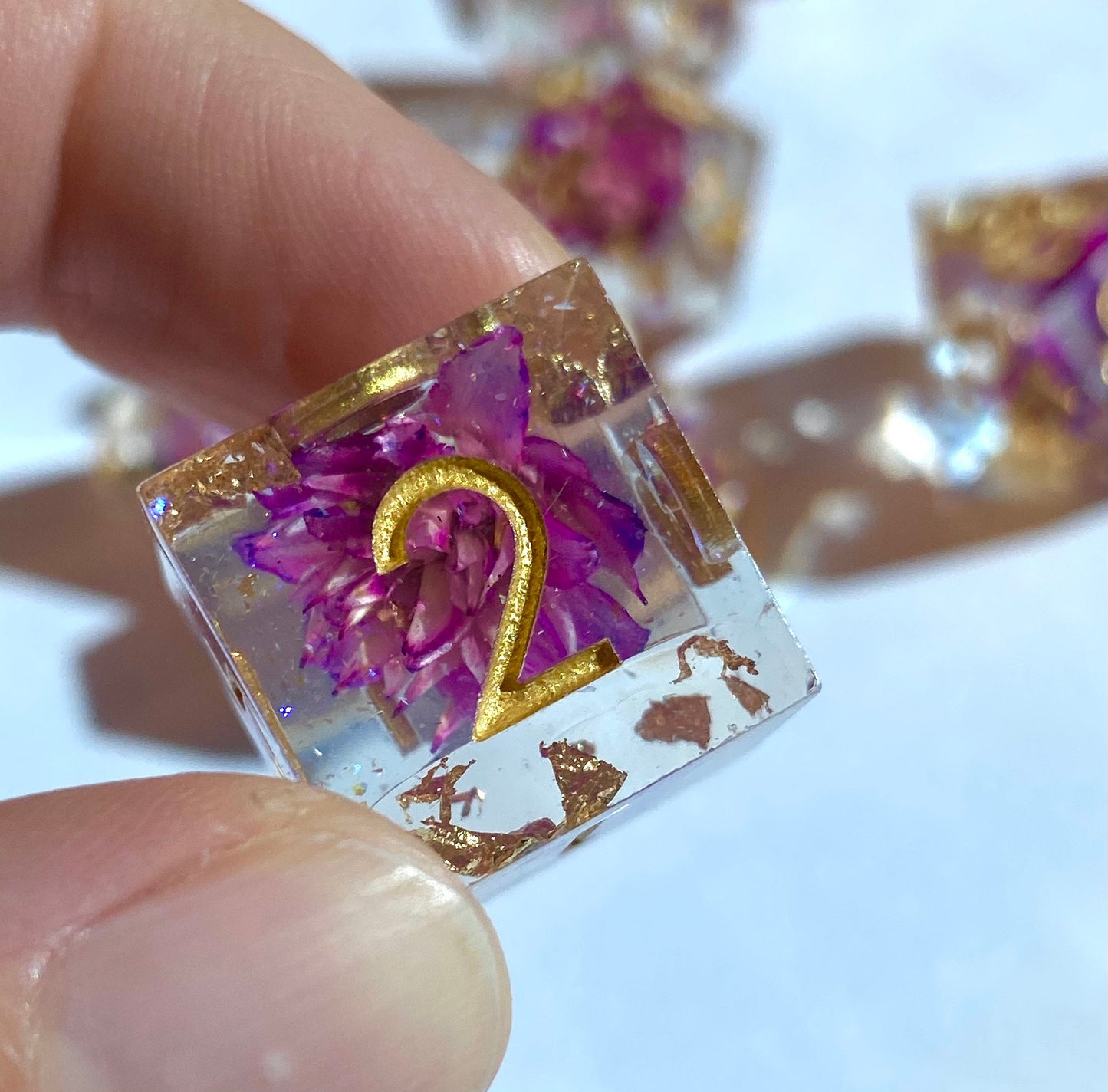 Ceremony - Glittering Clear Sharp Edge 7 Piece Dice Set - Purple Flowers and Gold Leaf With Violet Prismatic Glitter- DnD, TTRPGs