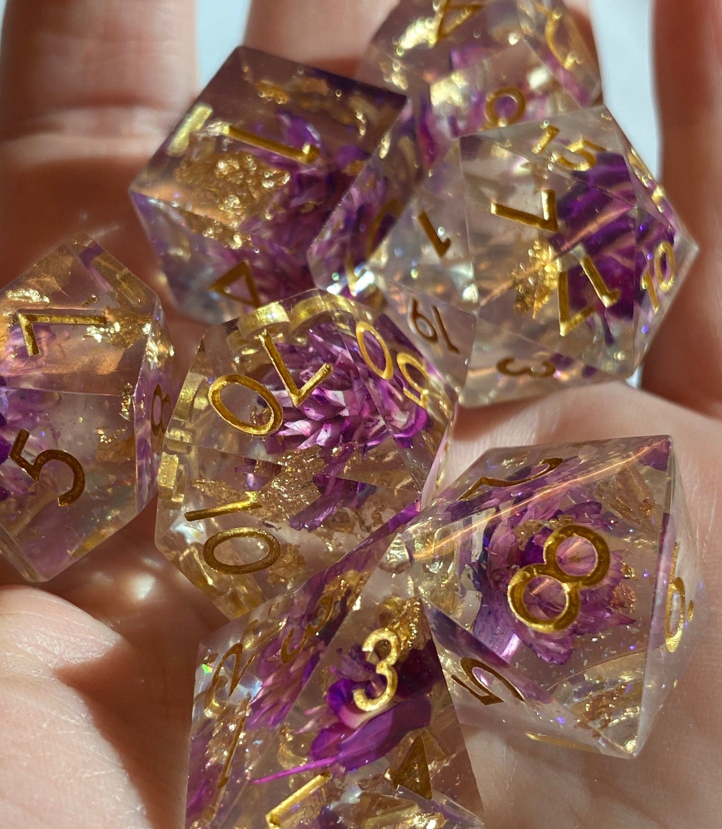 Ceremony - Glittering Clear Sharp Edge 7 Piece Dice Set - Purple Flowers and Gold Leaf With Violet Prismatic Glitter- DnD, TTRPGs