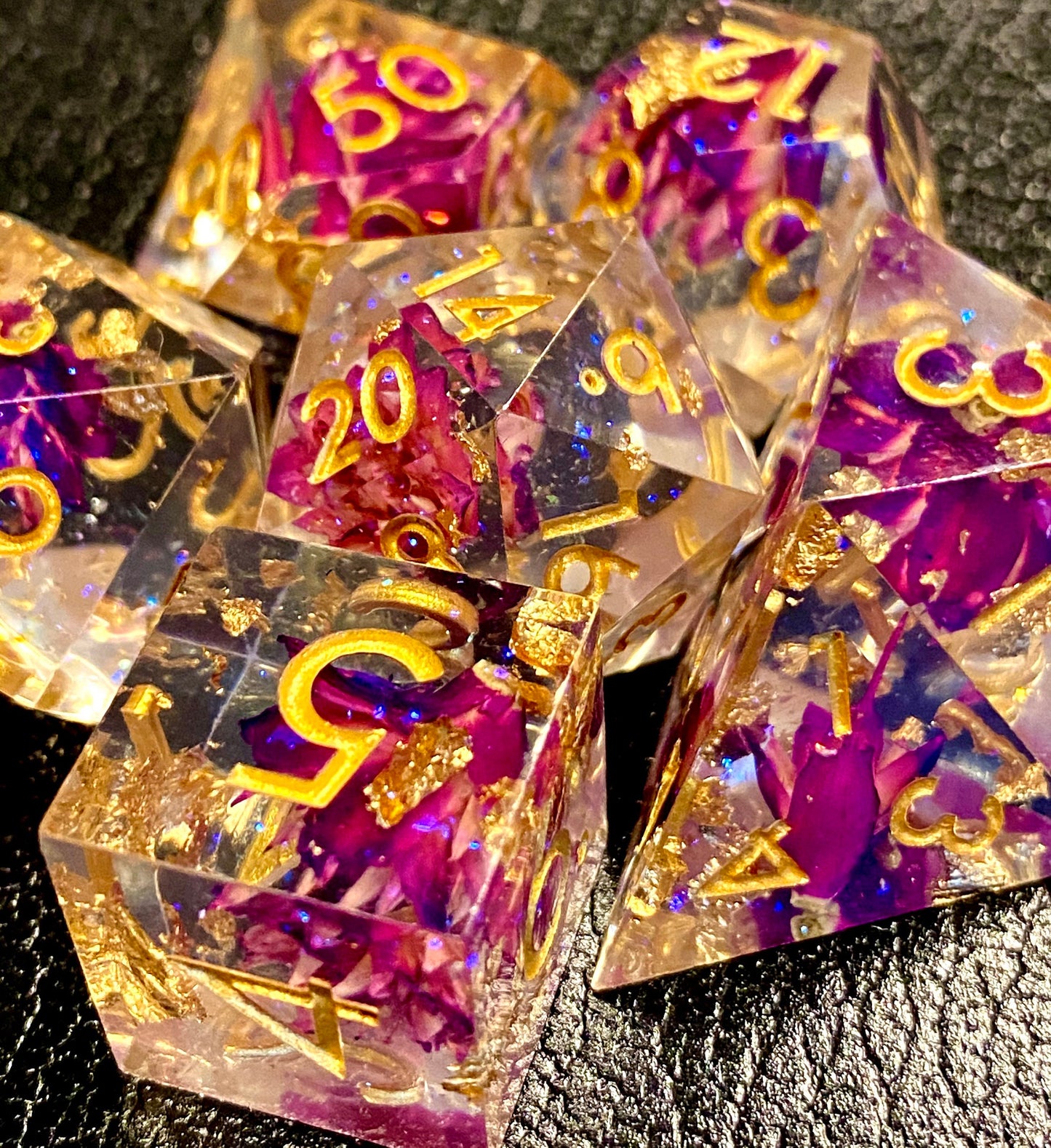 Ceremony - Glittering Clear Sharp Edge 7 Piece Dice Set - Purple Flowers and Gold Leaf With Violet Prismatic Glitter- DnD, TTRPGs