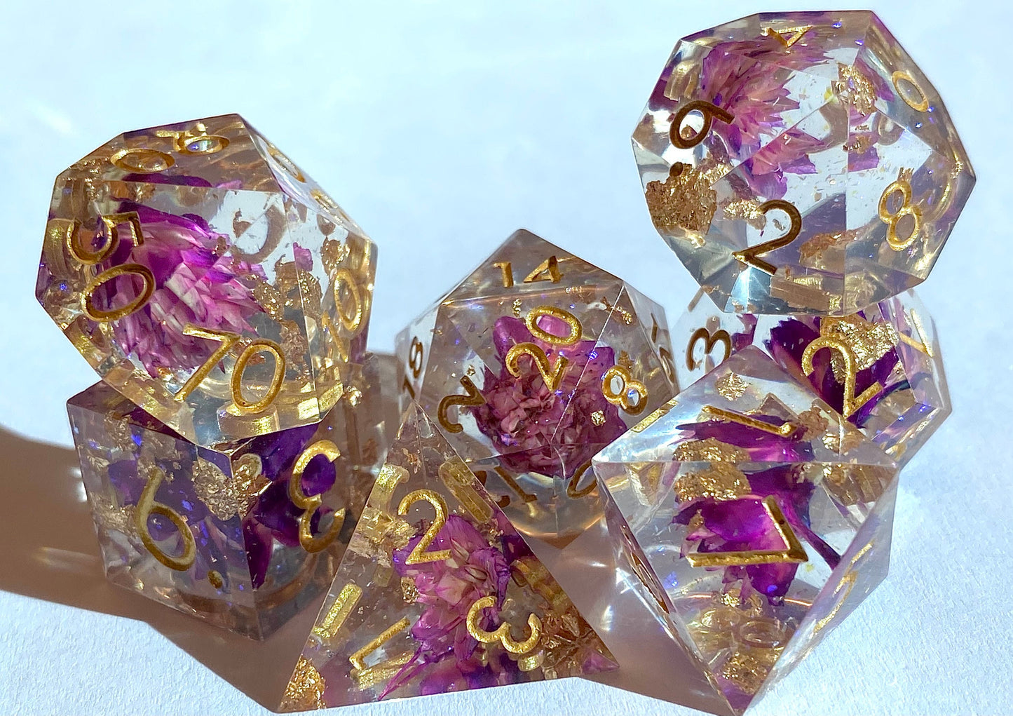 Ceremony - Glittering Clear Sharp Edge 7 Piece Dice Set - Purple Flowers and Gold Leaf With Violet Prismatic Glitter- DnD, TTRPGs