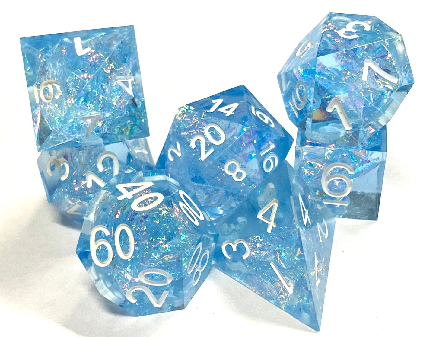 Awaken- Prismatic Clear Sapphire Blue Sharp Edge 7 Piece Dice Set - Resin With Iridescent Foil - White Ink - Dungeons and Dragons, TTRPGs