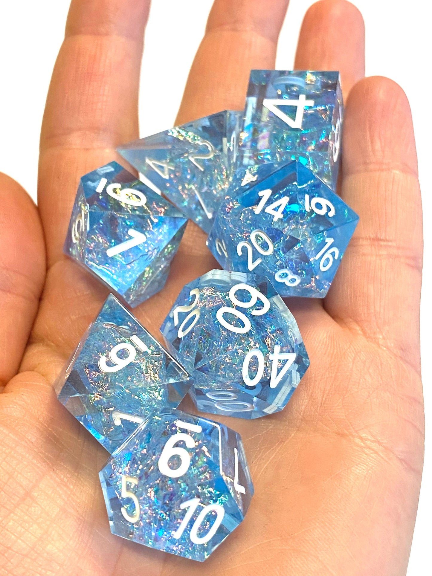 Awaken- Prismatic Clear Sapphire Blue Sharp Edge 7 Piece Dice Set - Resin With Iridescent Foil - White Ink - Dungeons and Dragons, TTRPGs