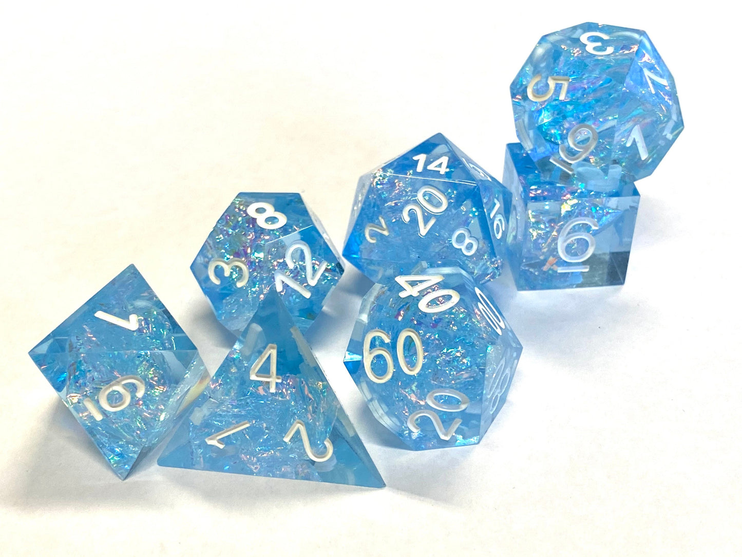 Awaken- Prismatic Clear Sapphire Blue Sharp Edge 7 Piece Dice Set - Resin With Iridescent Foil - White Ink - Dungeons and Dragons, TTRPGs