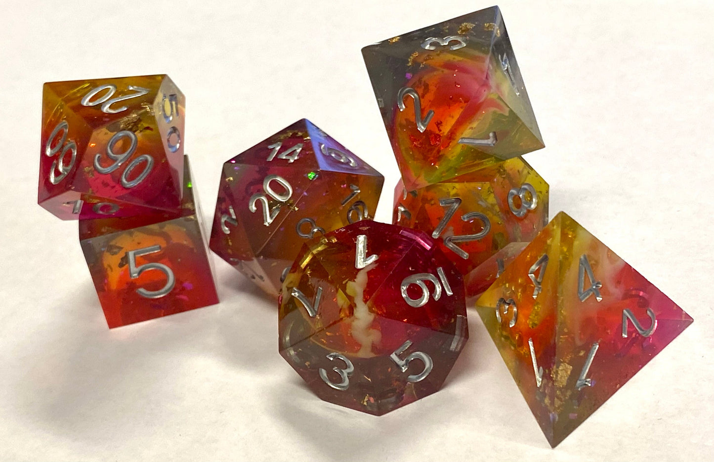 Meteor Swarm - Brightly Glittering Yellow/Red/Orange/Gray Sharp Edge Dice Set- Full 7 Piece With Gold Foil- Silver Ink- DnD Dice, TTRPGs