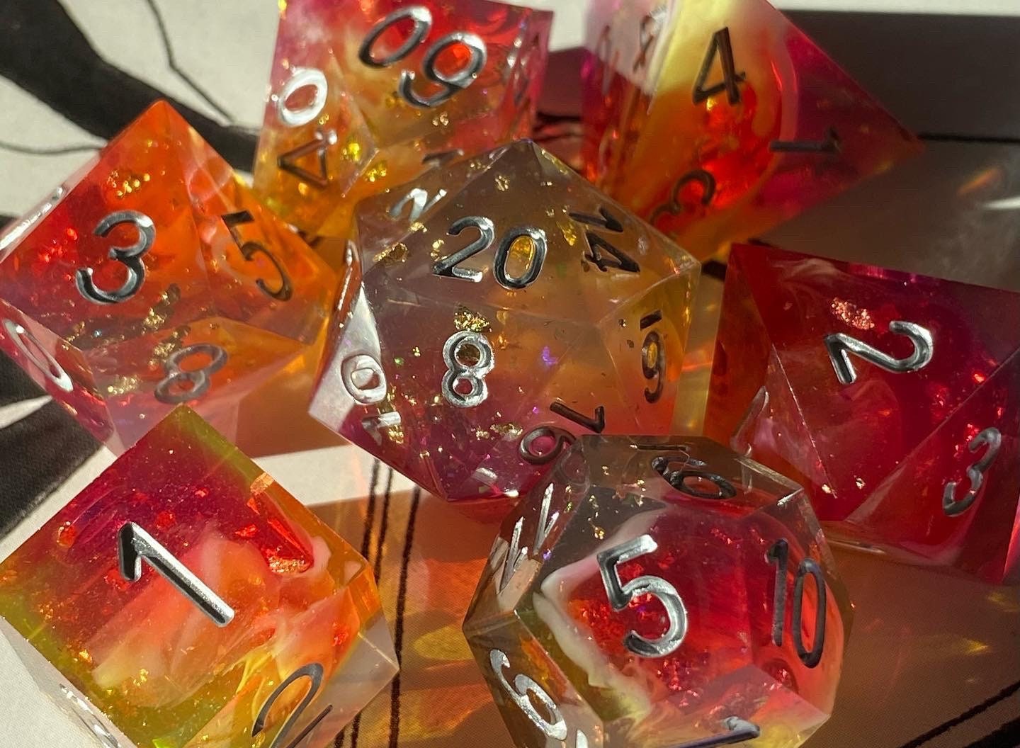 Meteor Swarm - Brightly Glittering Yellow/Red/Orange/Gray Sharp Edge Dice Set- Full 7 Piece With Gold Foil- Silver Ink- DnD Dice, TTRPGs