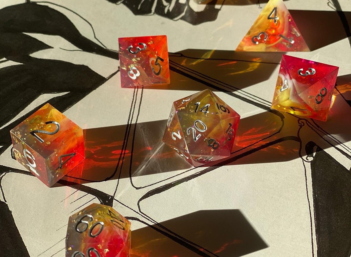 Meteor Swarm - Brightly Glittering Yellow/Red/Orange/Gray Sharp Edge Dice Set- Full 7 Piece With Gold Foil- Silver Ink- DnD Dice, TTRPGs