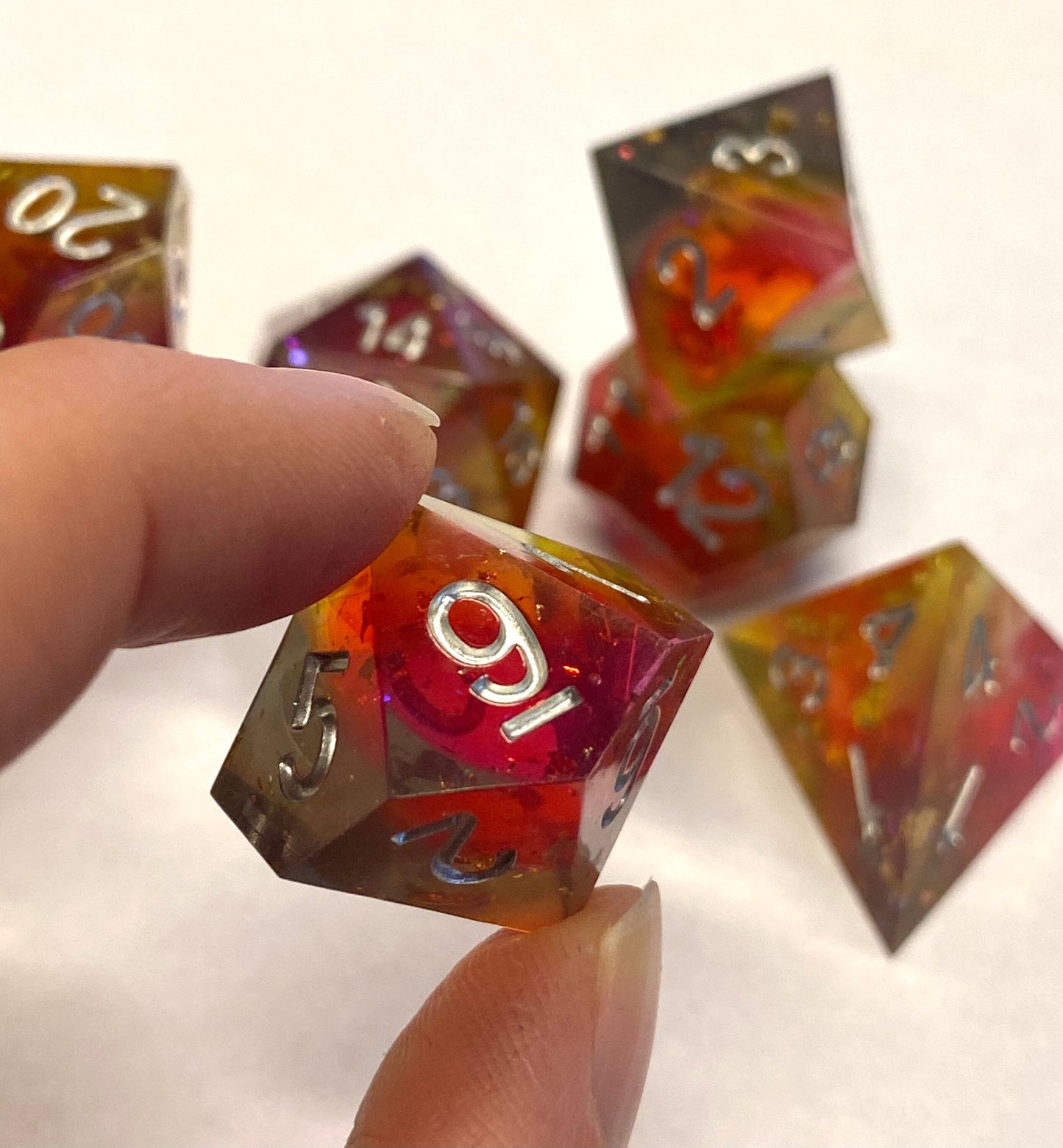 Meteor Swarm - Brightly Glittering Yellow/Red/Orange/Gray Sharp Edge Dice Set- Full 7 Piece With Gold Foil- Silver Ink- DnD Dice, TTRPGs
