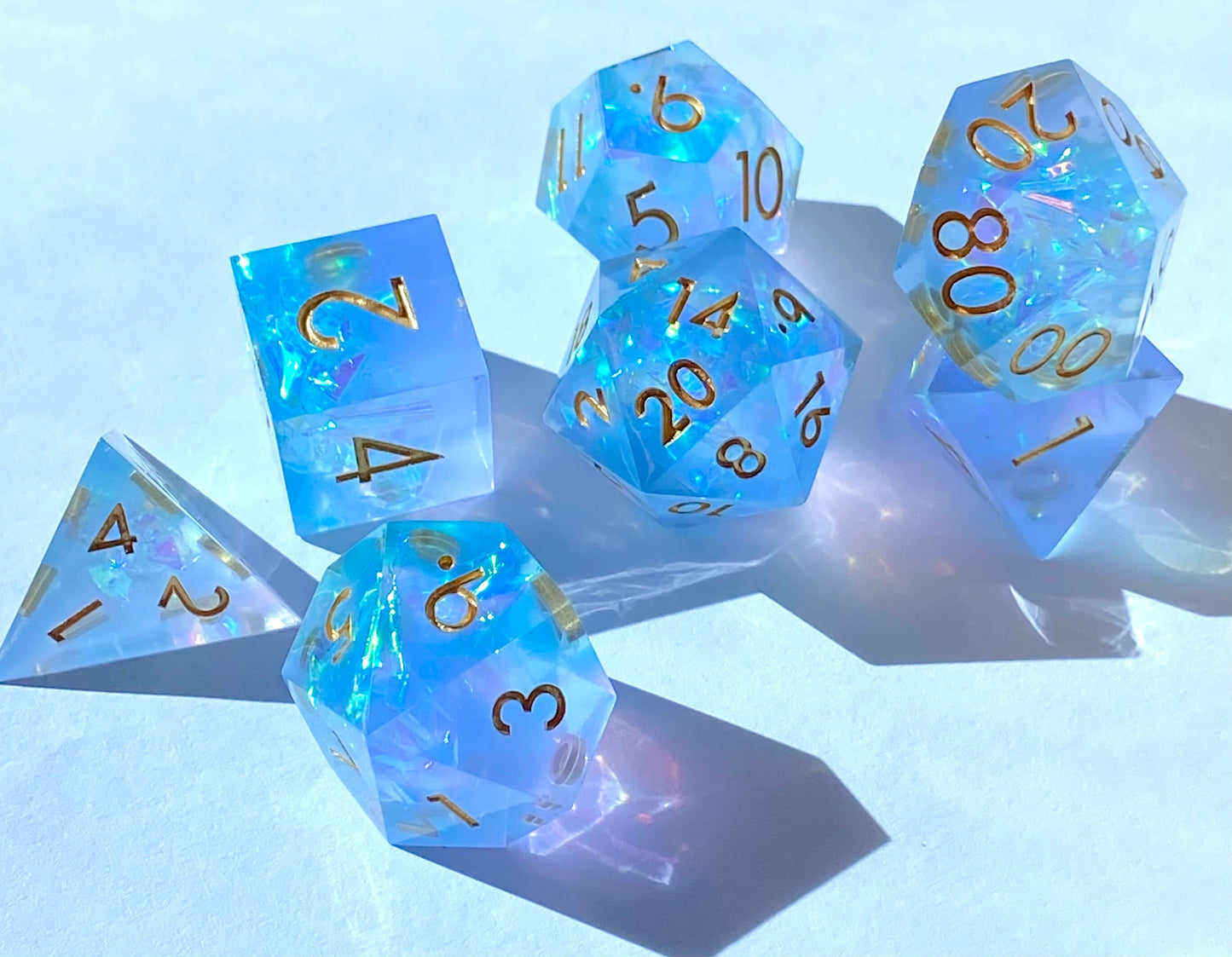 Chill Touch II - Frosty Opal Blue/Lavender Haze 7 Piece Sharp Edge Resin Dice Set - Prismatic Foil Inclusions - Gold Ink- DnD, TTRPGs