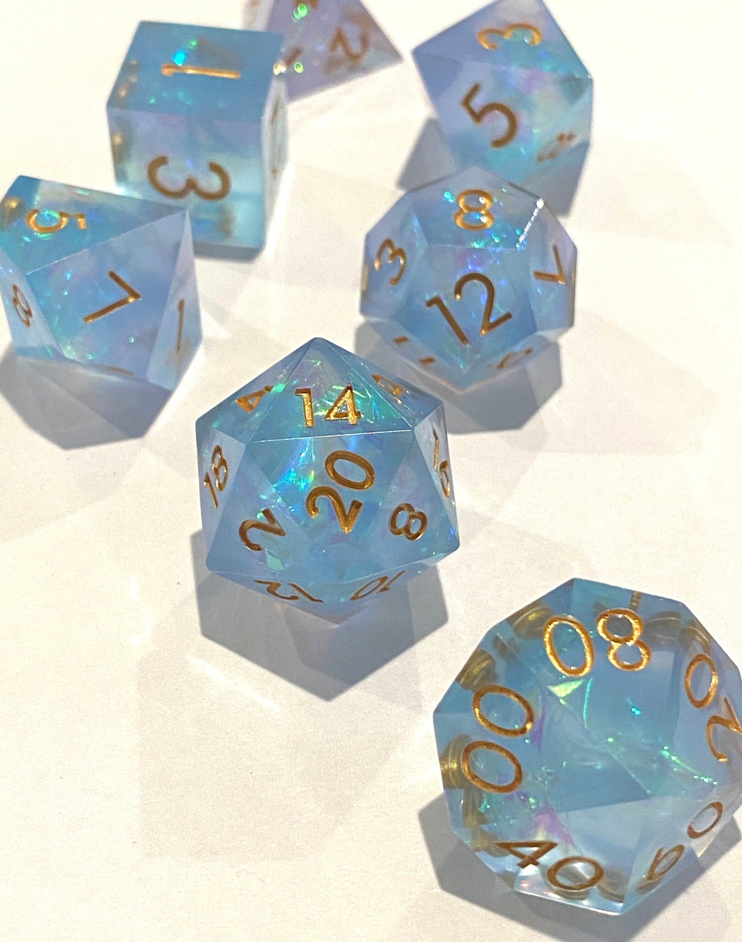 Chill Touch II - Frosty Opal Blue/Lavender Haze 7 Piece Sharp Edge Resin Dice Set - Prismatic Foil Inclusions - Gold Ink- DnD, TTRPGs