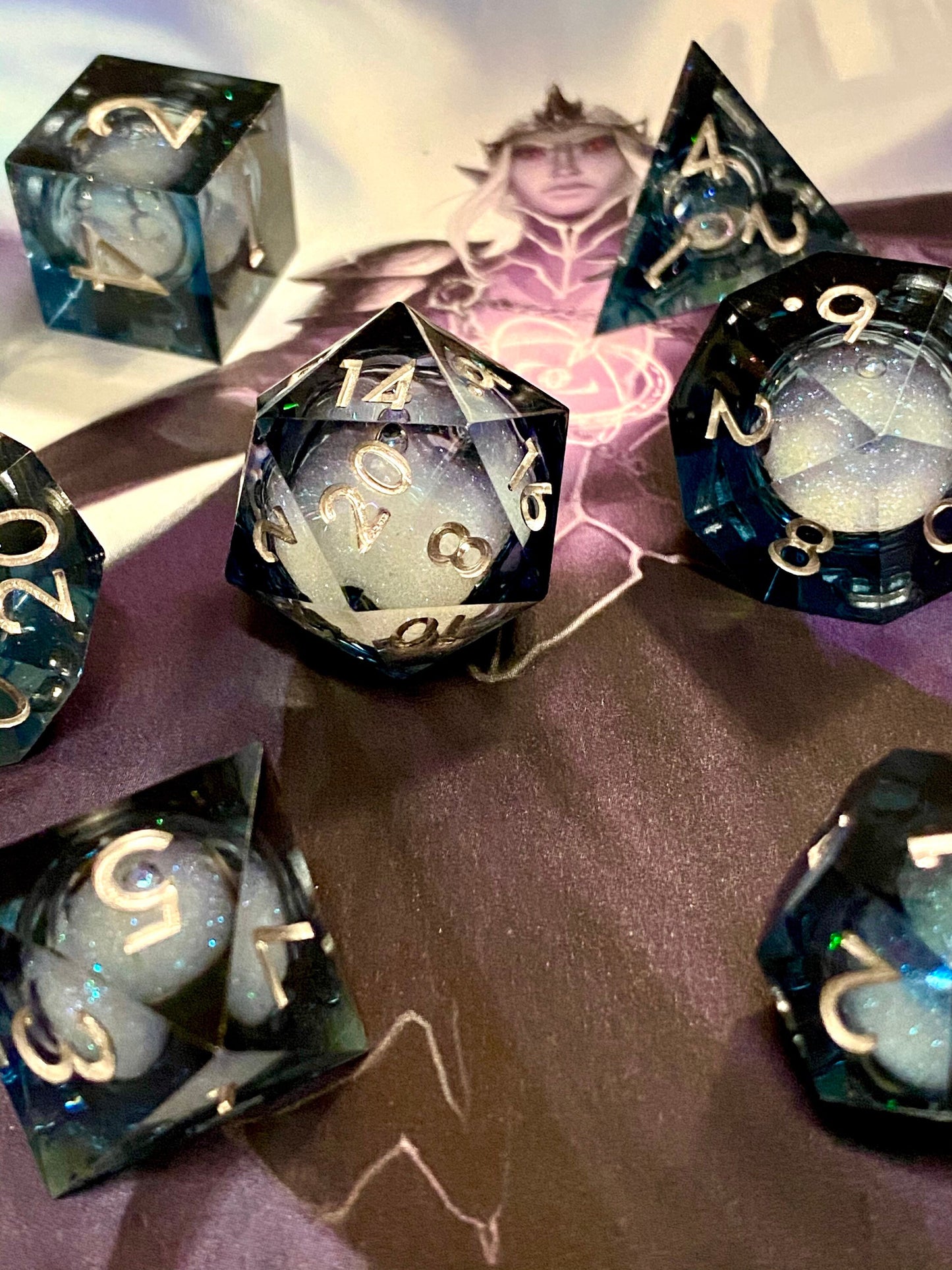 Celestial: Dark Horizons - Liquid Core FULL 7 Piece Set- Dark Translucent w/ Swirling Iridescent Glitter-TTRPGs- Read Description