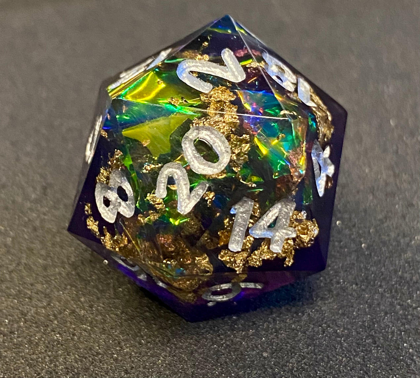 Tether Essence II - Single Sharp Edge D20s - Deep Violet and Black Resin- Prismatic Foil - Gold Foil - Silver Ink - DnD, TTRPGs- D20 Only