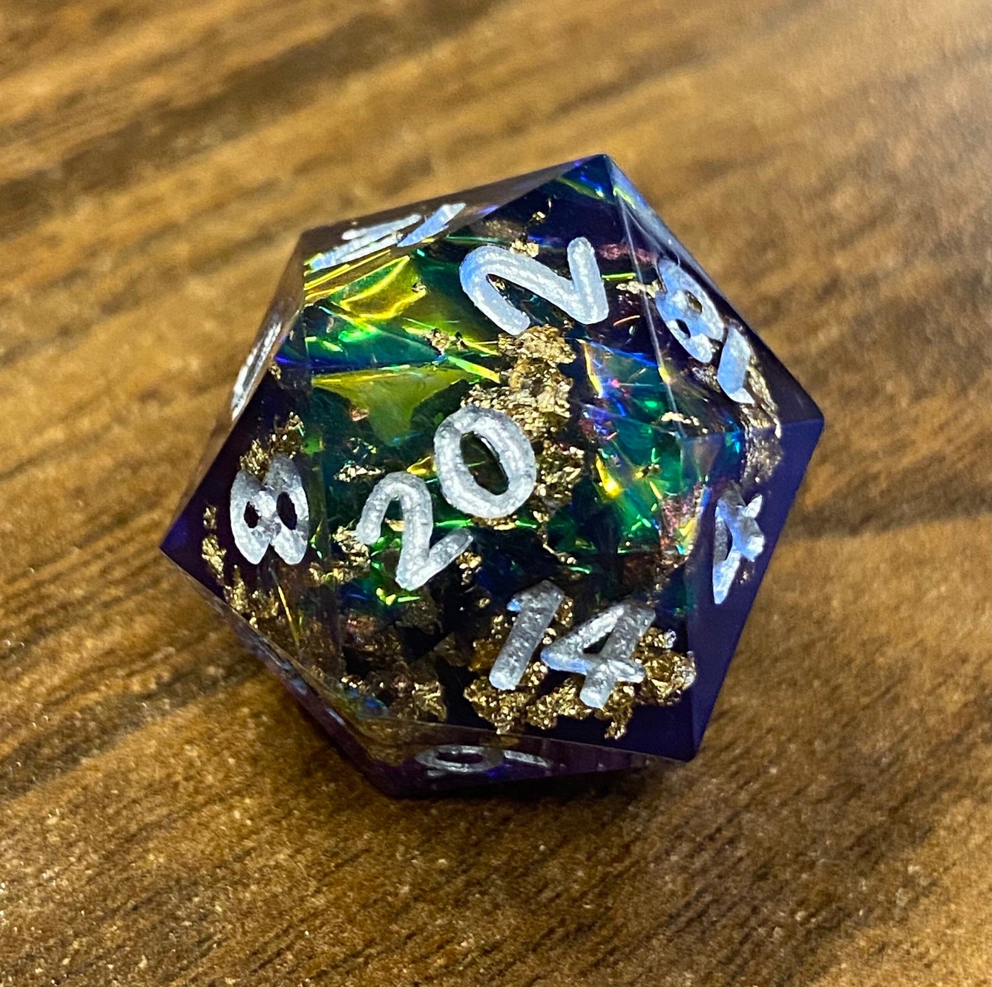 Tether Essence II - Single Sharp Edge D20s - Deep Violet and Black Resin- Prismatic Foil - Gold Foil - Silver Ink - DnD, TTRPGs- D20 Only