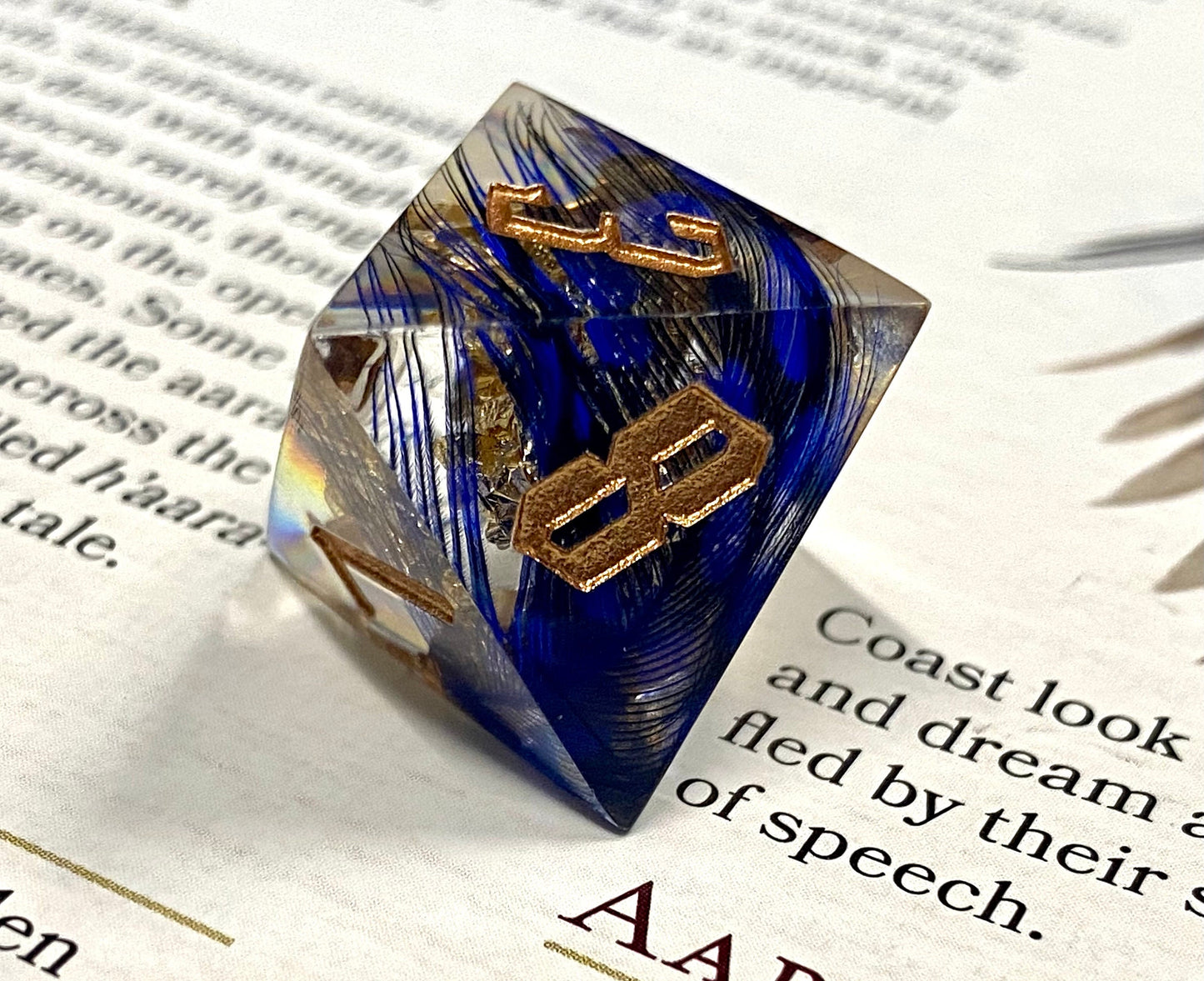 With Wings - Premium Sharp Edge Dice Set- Clear Resin w/ Blue Feathers and Golden Flakes-Gold Ink- Dungeons & Dragons, TTRPGs, Pathfinder