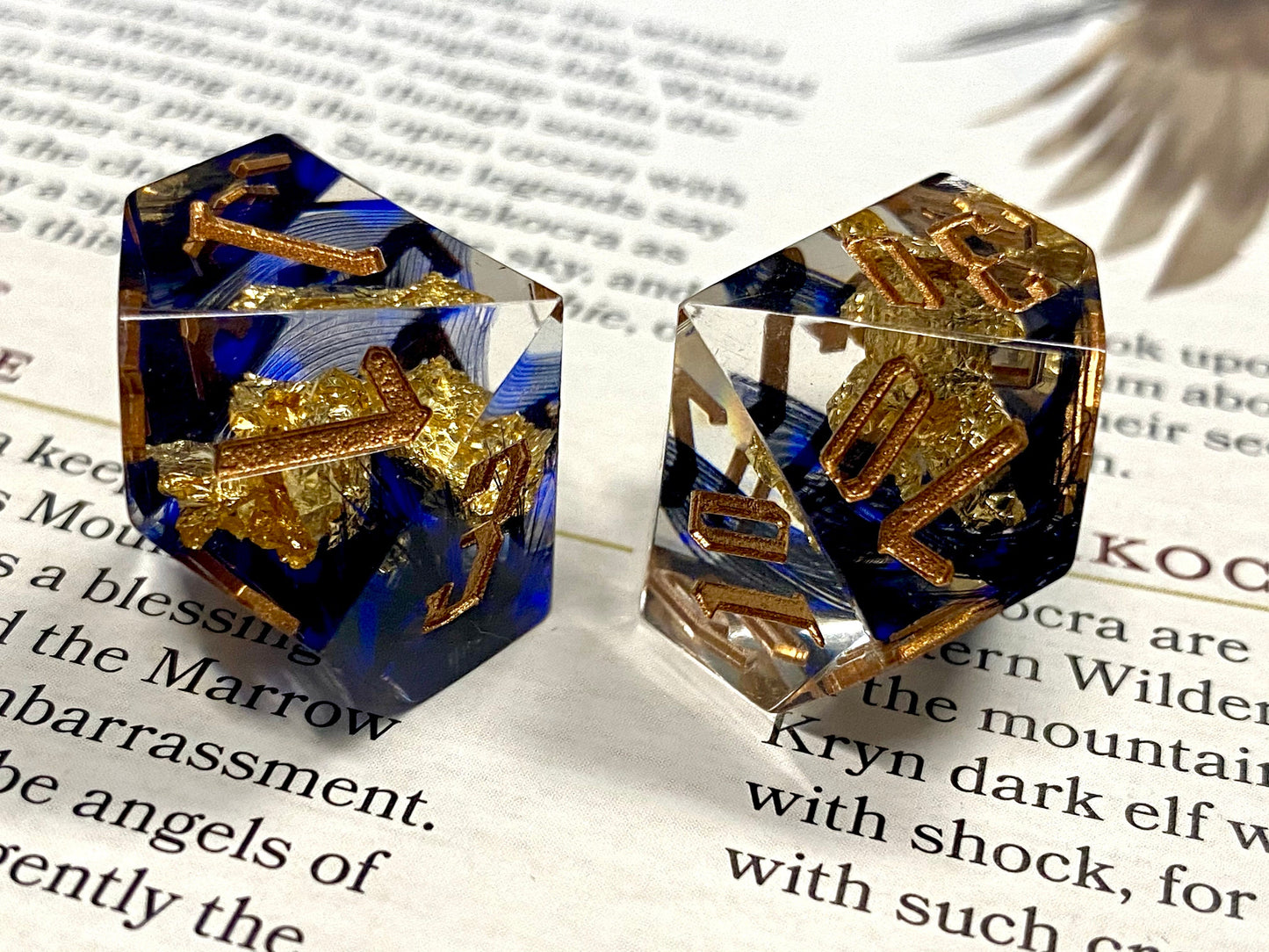 With Wings - Premium Sharp Edge Dice Set- Clear Resin w/ Blue Feathers and Golden Flakes-Gold Ink- Dungeons & Dragons, TTRPGs, Pathfinder