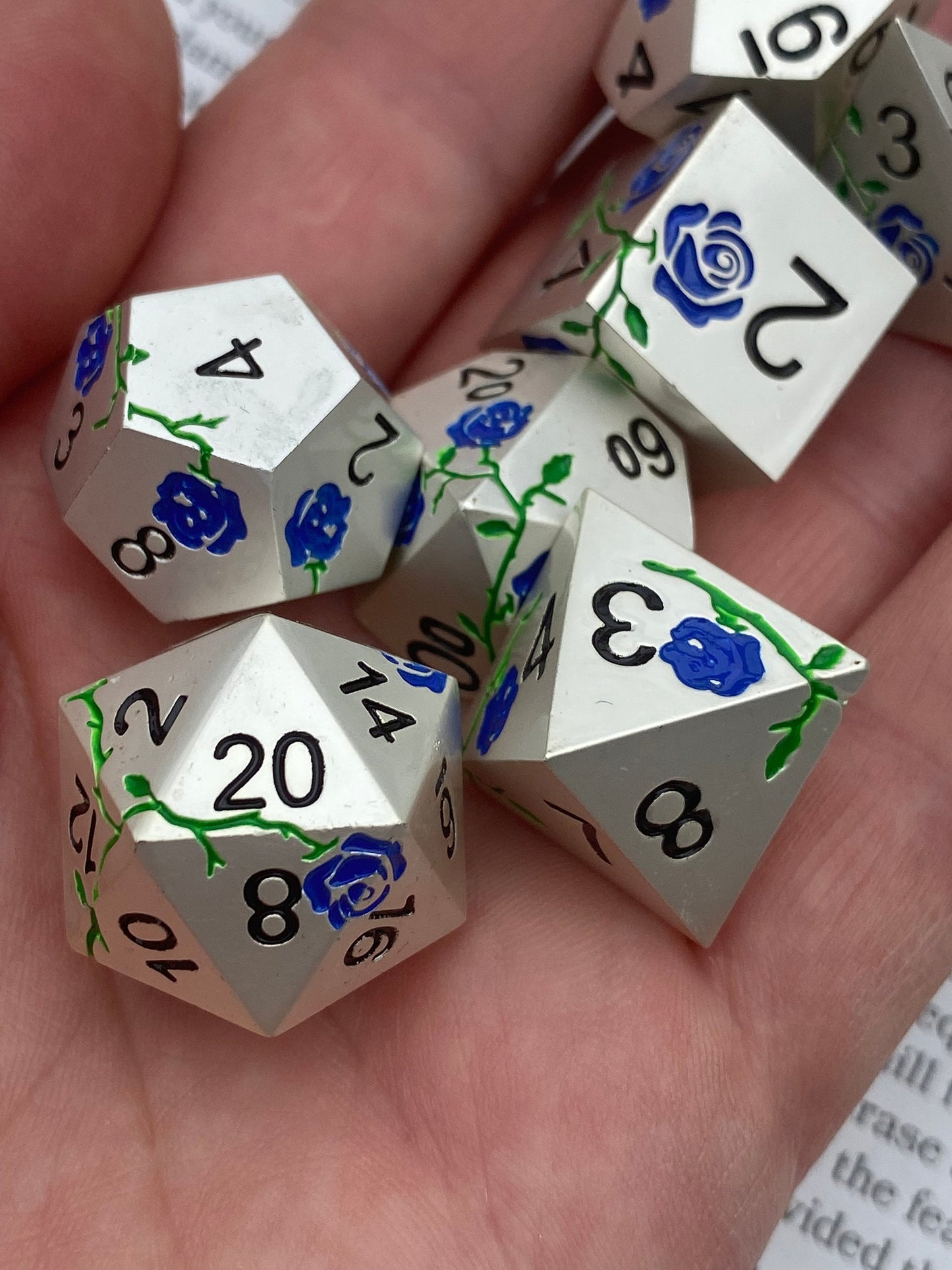 Mithril: Royal - Solid Metal Floral Pattern 7 Piece Sharp Edge Dice Set - Silver With Royal Blue Flowers and Vines- DnD, TTRPGs, Pathfinder