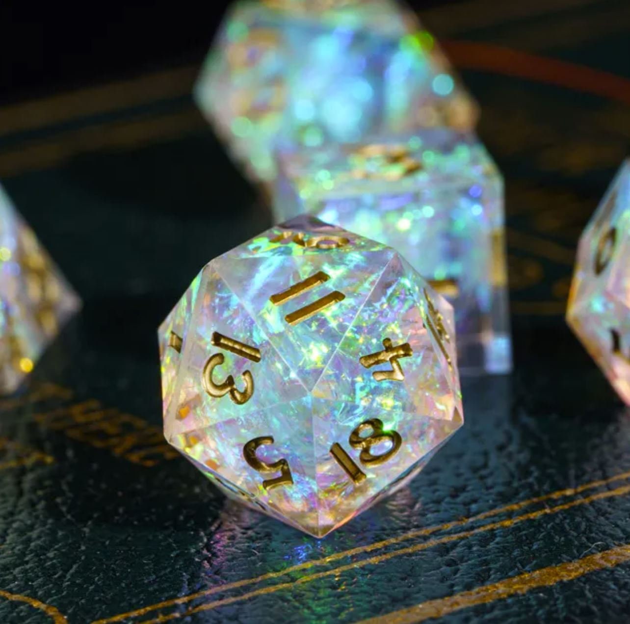 Minute Meteors - MINI Sharp Edge Dice Set!  New style Prismatic Tiny Dice- Iridescent Foil and Gold Inked Numbers- DnD, TTRPGs, Pathfinder