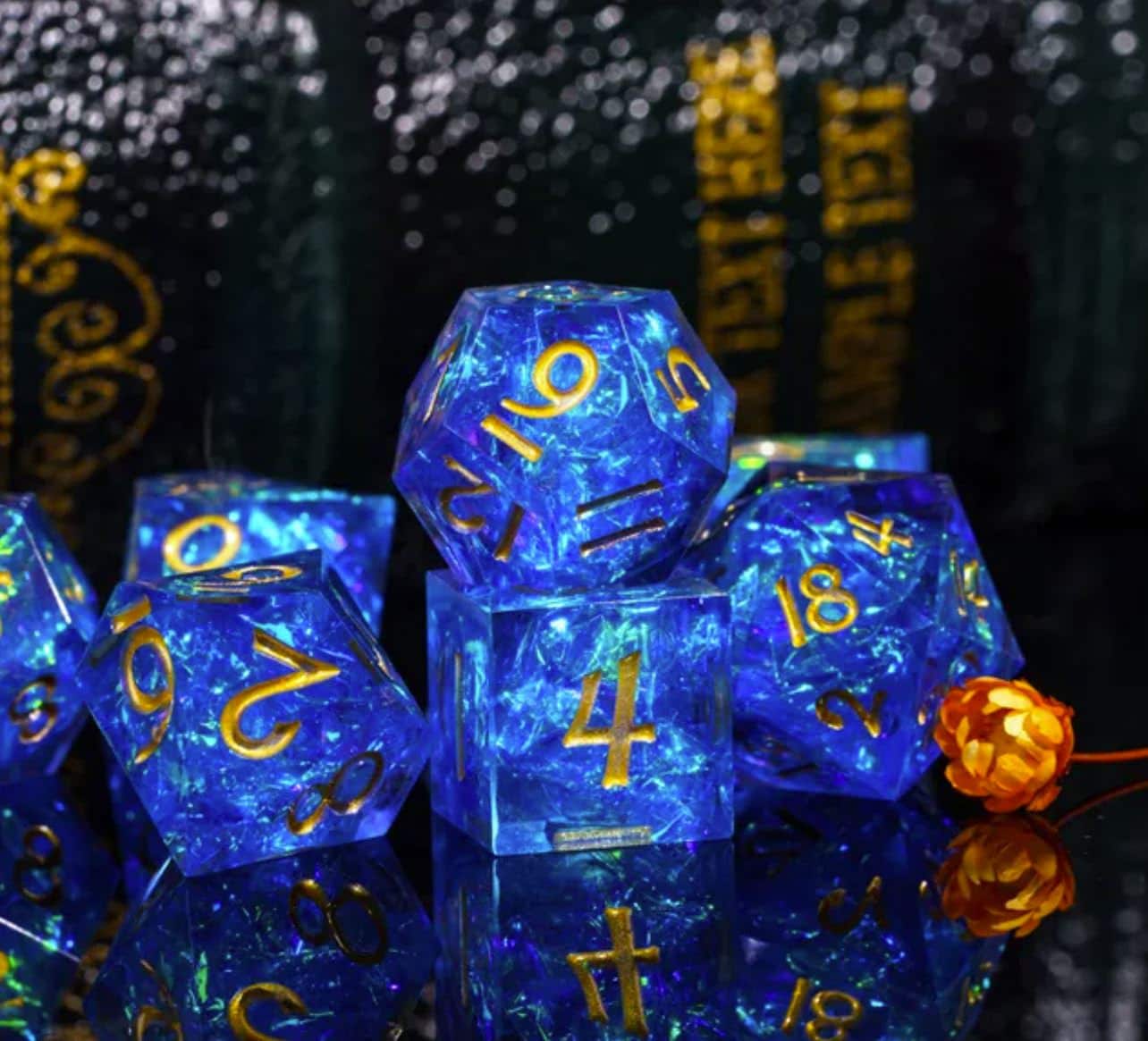 Minute Meteors: Royal- MINI Sharp Edge Dice Set!  New Prismatic Tiny Dice- Iridescent Foil and Gold Inked Numbers- DnD, TTRPGs, Pathfinder