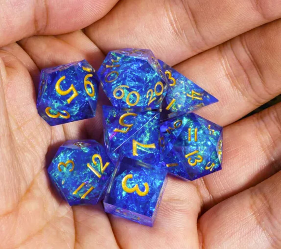 Minute Meteors: Royal- MINI Sharp Edge Dice Set!  New Prismatic Tiny Dice- Iridescent Foil and Gold Inked Numbers- DnD, TTRPGs, Pathfinder
