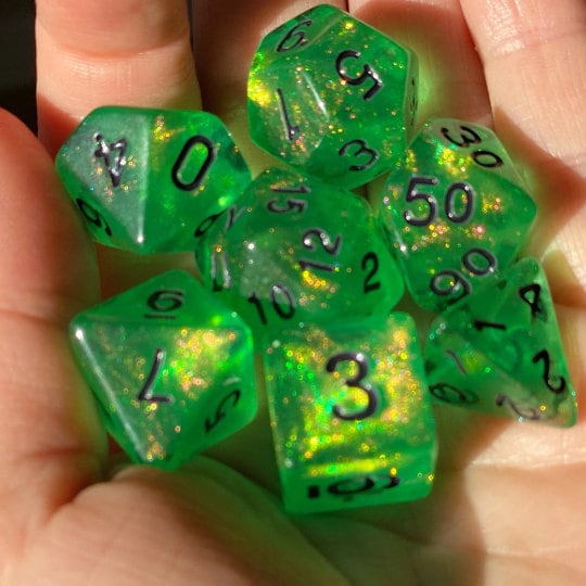 Grasping Vine- Bright Emerald Shimmer Dice- Smooth Edged Acrylic- Black Ink - Full 7 Piece Set - Dungeons and Dragons, TTRPGs, Pathfinder