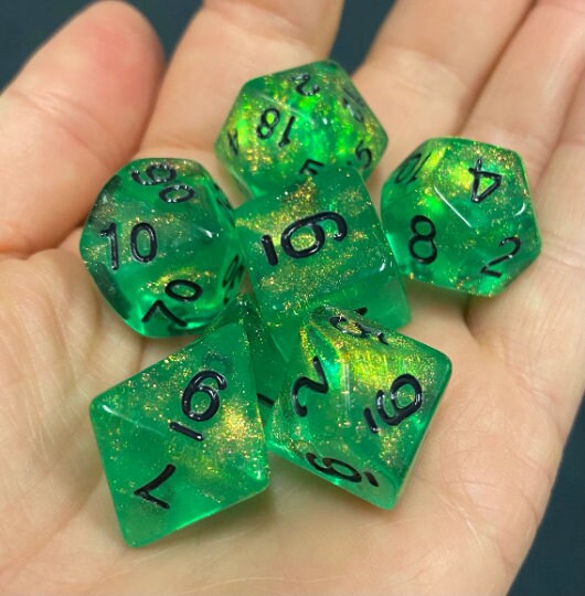 Grasping Vine- Bright Emerald Shimmer Dice- Smooth Edged Acrylic- Black Ink - Full 7 Piece Set - Dungeons and Dragons, TTRPGs, Pathfinder